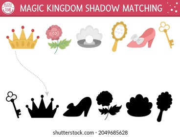 Fairytale shadow matching activity with crown, mirror, shoe. Magic kingdom puzzle with traditional symbols. Find correct silhouette printable worksheet or game. Fairy tale page for kids
