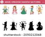 Fairytale shadow matching activity with king, queen, prince, princess. Magic kingdom puzzle with cute characters. Find correct silhouette printable worksheet or game. Fairy tale page for kids
