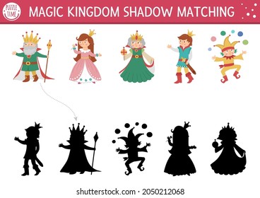 Fairytale shadow matching activity with king, queen, prince, princess. Magic kingdom puzzle with cute characters. Find correct silhouette printable worksheet or game. Fairy tale page for kids
