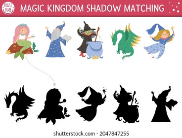 Fairytale shadow matching activity with mermaid, dragon, fairy. Magic kingdom puzzle with cute characters. Find correct silhouette printable worksheet or game. Fairy tale page for kids
