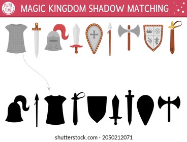 Fairytale Schatten-Matching-Aktivität mit Kopf, Schild, Helm. Magisches Ritterpuzzle mit traditioneller Ritterrüstung. Finden Sie das richtige Silhouette-Druckblatt oder das richtige Spiel. Märchenübersicht für Kinder
