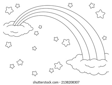 Fairytale sky with rainbow, stars and clouds. Coloring book page for kids. Cartoon style character. Vector illustration isolated on white background.
