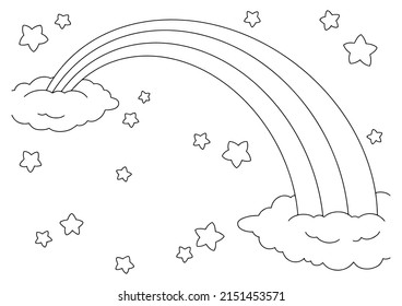 Fairytale sky with rainbow, stars and clouds. Coloring book page for kids. Cartoon style character. Vector illustration isolated on white background.