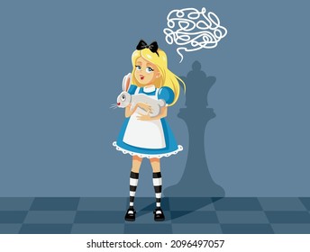 Fairy-tale Smart Imaginative Girl Playing Chess Vector Cartoon Illustration. Conceptual illustration of fantasy fairy tale land on a chessboard 
