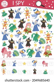 Fairytale I spy game for kids with fantasy creatures. Searching and counting activity with witch, dragon, frog prince. Magic kingdom printable worksheet. Simple fairy tale spotting puzzle
