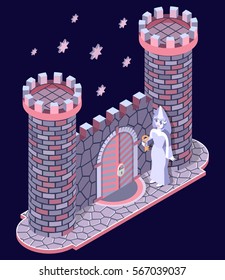 Fairytale stone castle, gate, towers and white lady. 3D isometric view. Vector illustration.