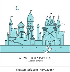Fairytale story for kids, girls. Magic castle. With princess, prince. Coloring book, poster, app game.