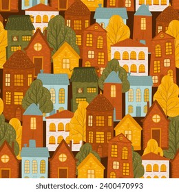 fairy-tale streets with cute bright houses on a seamless background. pattern with city streets and decorative European houses