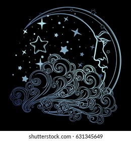 Fairytale style crescent moon with a human face resting on a curly cloud. Starry night sky background. Graphic style decorative element for tattoo textile prints or greeting card design. EPS10 vector.