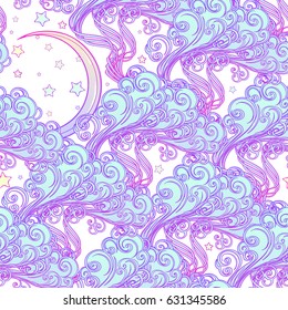 Fairytale style crescent moon resting on a curly ornate cloud with a starry nignht sky behind. Pastel palette, white background. Seamless pattern. EPS10 vector