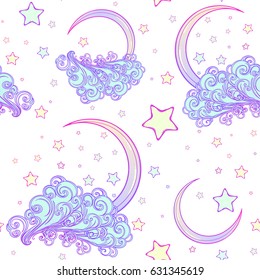 Fairytale style crescent moon resting on a curly ornate cloud with a starry nignht sky behind. Pastel palette, white background. Seamless pattern. EPS10 vector