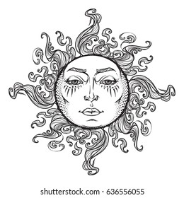 Fairytale style hand drawn sun with a human face. Black and white graphic style decorative element for tattoo textile prints or greeting card design. EPS10 vector illustration.