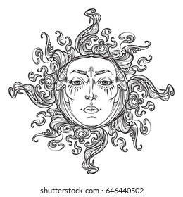 Fairytale style hand drawn sun with a human face. Black and white graphic style decorative element for tattoo textile prints or greeting card design. EPS10 vector illustration.