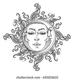 Fairytale style hand drawn sun and crescent moon with a human faces. Black and white graphic style decorative element for tattoo textile prints or greeting card design. EPS10 vector illustration.