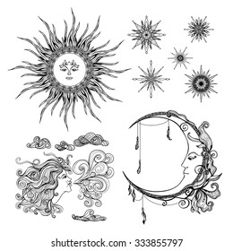 Fairytale style sun moon and wind antropomorphic symbols set isolated vector illustration