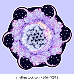 Fairytale style winter crescent moon with a human face surrounded by curly ornate clouds with a starry nignht sky behind. Snow flakes in the middle. Tattoo or greeting card design. EPS10 vector