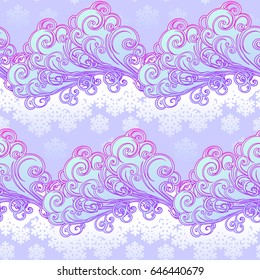 Fairytale style winter festive seamless pattern. Curly ornate clouds with a falling snowflakes. Christmas mood. Pastel palette. EPS10 vector illustration
