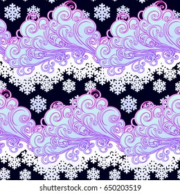 Fairytale style winter festive seamless pattern. Curly ornate clouds with a falling snowflakes. Christmas mood. Pastel palette. EPS10 vector illustration