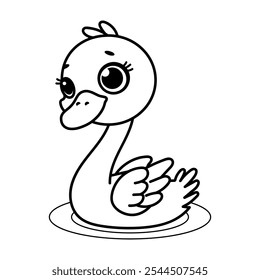 Cuento de hadas Swan Outline Ilustración vectorial. Esta ilustración presenta un cisne encantador de estilo de dibujos animados con ojos Grandes y expresivos y una sonrisa amistosa.