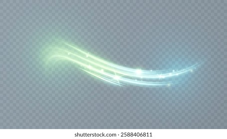 Fairytale swirl trail. Bright magic glowing light curved line. Bokeh, glitter fire, spark, spiral wave, line neon. Vector