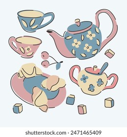 Ensemble d'illustrations pour boire du thé. Délicate  Images de théière, tasses, croissants, sucreries. Image vectorielle , objets isolés.