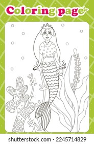 Fairytale themed coloring page for kids with cute mermaid character, printable worksheet for children books with princess of the sea
