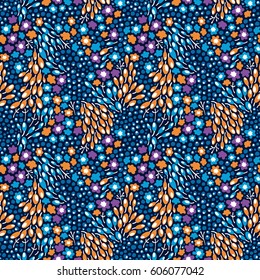 Fairytale tiny flowers on dark blue background. Seamless vector pattern with abstract wild flowers and berries. Texture for fabric, wrapping paper, wallpaper, etc.