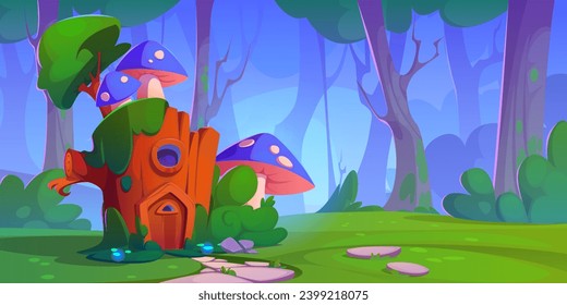 Fairytale tiny house made of tree stump. Small fantastic elf or gnome hut with mushrooms, window and door on lawn with green grass in forest. Cartoon vector of fabulous scenery with magic little home.