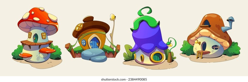 Fairytale tiny magic houses for gnomes and elves made of mushrooms, acorns and flowers with windows and doors. Cartoon vector illustration set of buildings for fantasy forest little inhabitants.