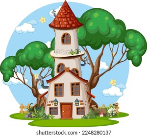 Torre de cuento de hadas decorada con ilustración de árbol