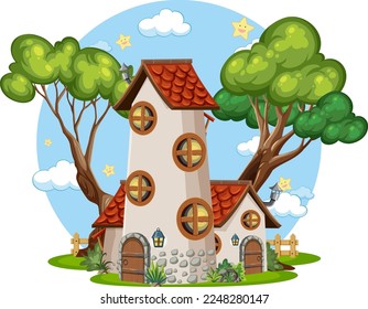 Fairytale tower decorated with tree illustration