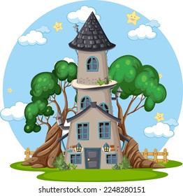 Fairytale tower decorated with tree illustration