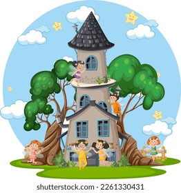 Fairytale tower decorated with tree illustration