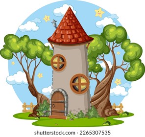 Fairytale tower decorated with tree illustration