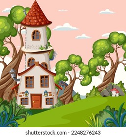 Fairytale tower in fairytale forest illustration