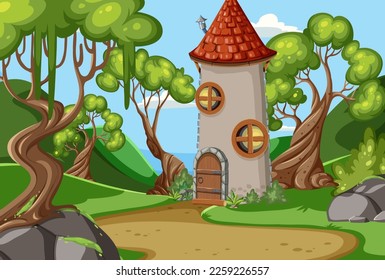 Fairytale tower in fairytale forest illustration