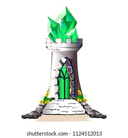 Fairytale tower with green crystals. Magic vector illustration.