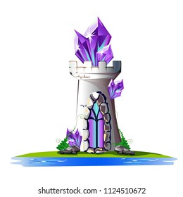 Fairytale tower with purple crystals. Magic vector illustration.