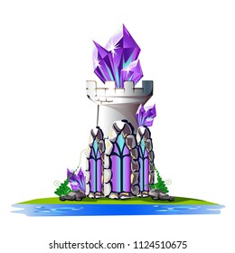 Fairytale tower with purple crystals. Magic vector illustration.