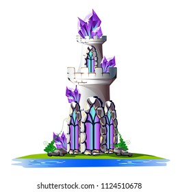 Fairytale tower with purple crystals. Magic vector illustration.