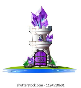 Fairytale tower with purple crystals. Magic vector illustration.