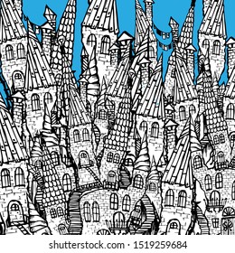 Fairytale town with castles, towers, stairs. Sketch. Vector illustration