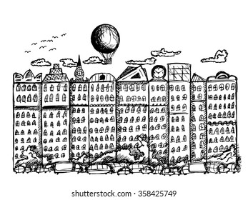 Fairytale town on white background. Free hand drawn. Vector illustration.