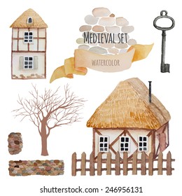 Fairytale town set. Watercolor collection with medieval houses, vintage silver keys and trees. Hand drawn cartoon objects in vector