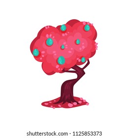 Fairytale tree with bright pink foliage and turquoise fruits, fantasy nature landscape element, detail for computers game interface vector Illustration