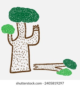 
Fairytale tree with a broken branch in the style of a stamp, linocut. Old illustrations, like from children's books. Vector.