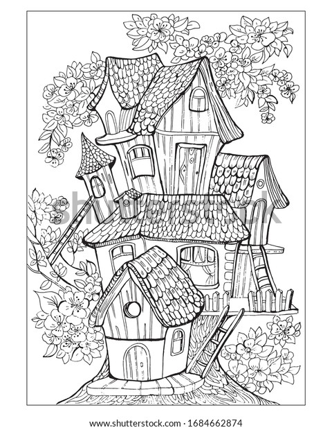 Fairytale Tree House Coloring Pages Children Stock Vector Royalty Free 1684662874