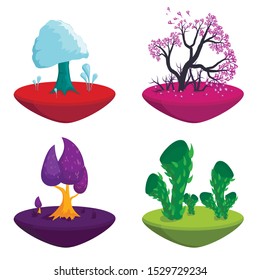 Fairytale trees set isolated on white background. Fantasy plants nature landscape elements, Funny colorful magic trees. Forest with cartoon treetops. Vector illustration