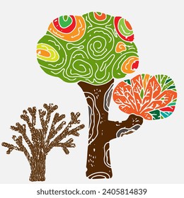 Fairytale trees in the style of stamp, linocut. Old illustrations, like from children's books. Vector.