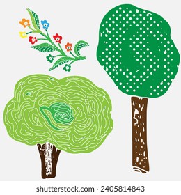 Fairytale trees in the style of stamp, linocut. Old illustrations, like from children's books. Vector.